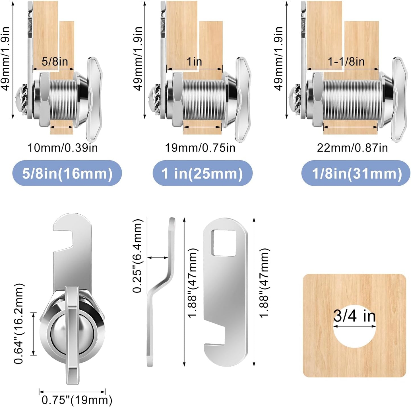 Thumb Operated Offset Cam Lock, 1" Cylinder Fits on 0.7" Max Door Thickness, Non-Locking Replacement Lock for RV Compartment Camper Storage, Cabinets, Drawers (1 Inch 6Pack)