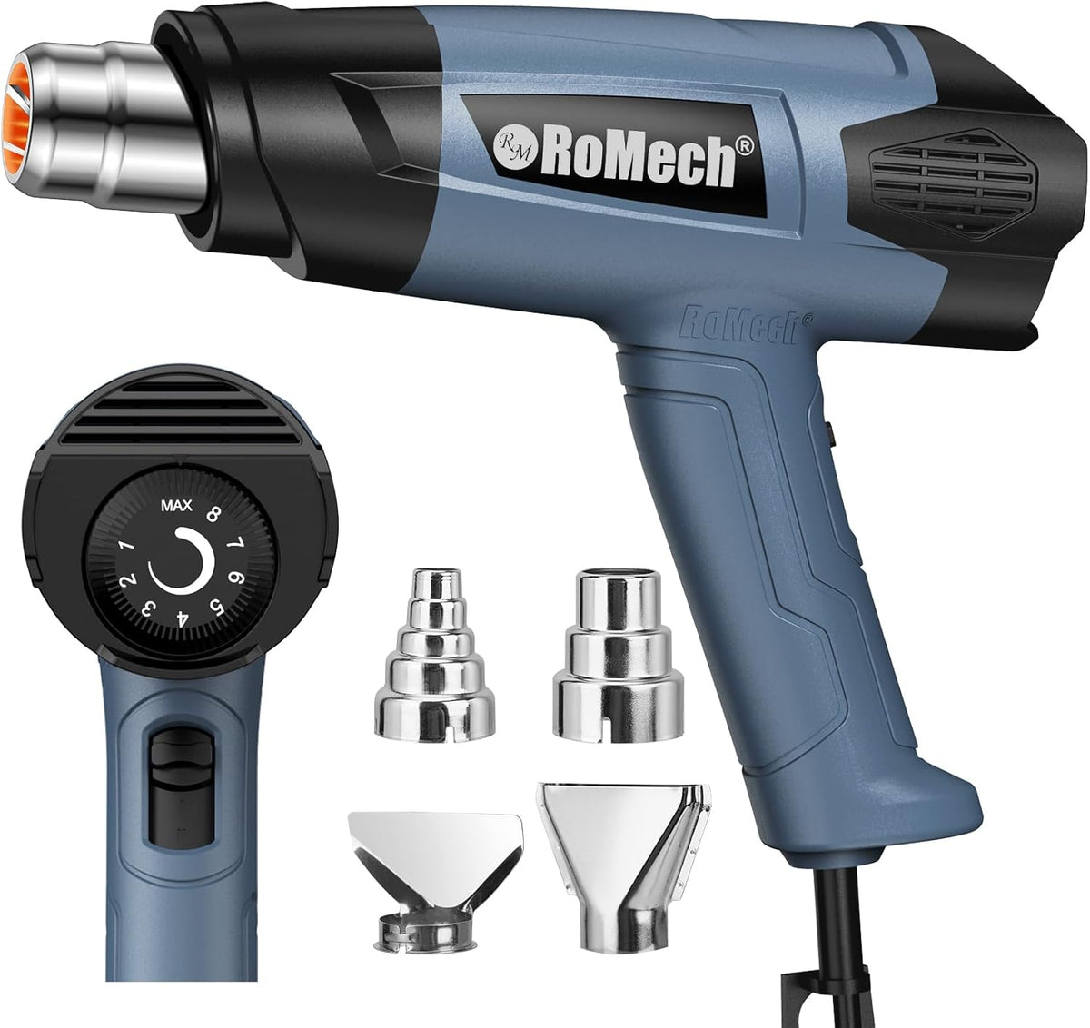 ROMECH 1500W Heavy Duty Heat Gun, Variable Temperature Control Hot Air Gun Kit with 2 Air Flow 120°F~1200°F and 4 Nozzles for Crafts Shrink Wrap (Blue)