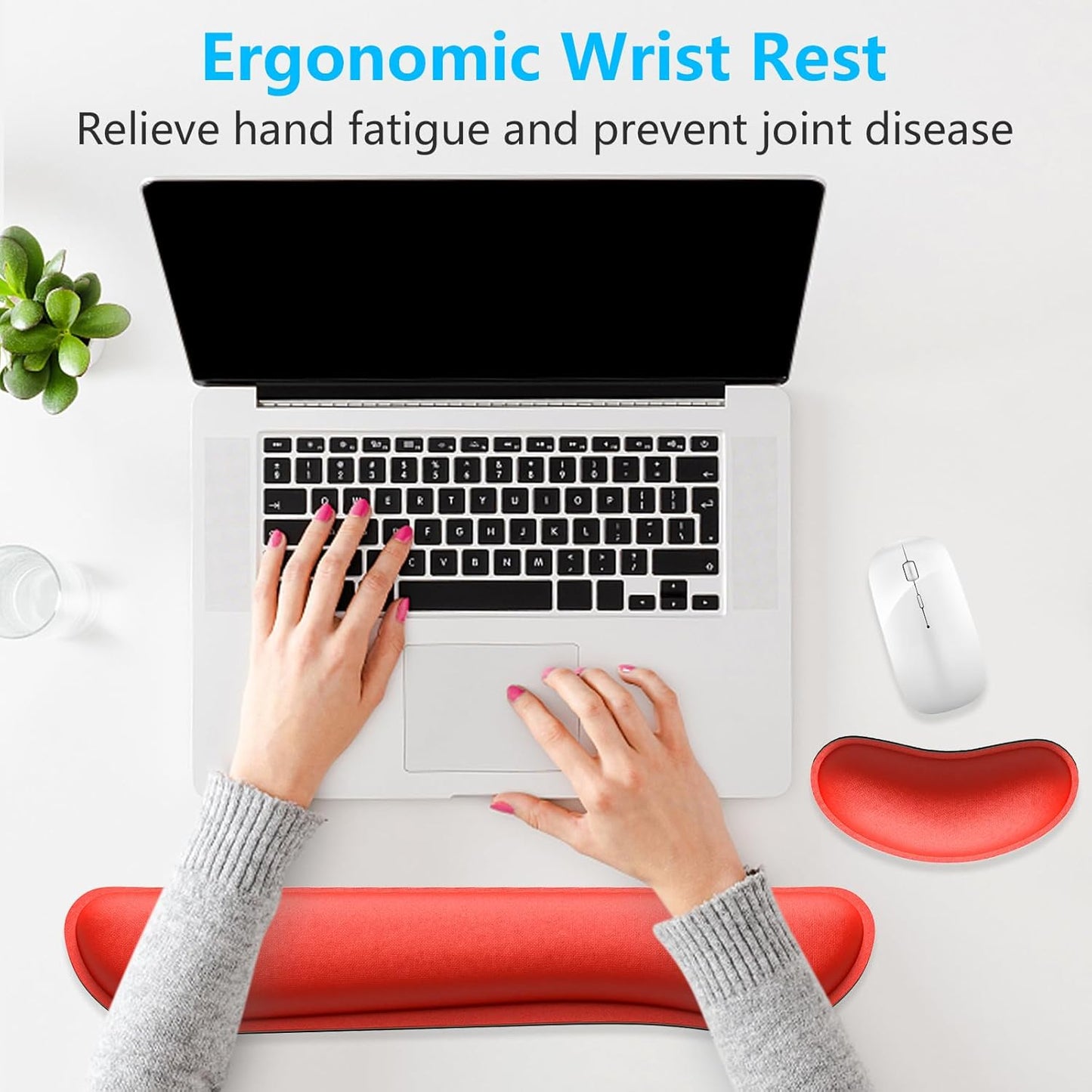 Dapesuom Enlarge Keyboard Wrist Rest, Memory Foam Wrist Cushion for Desk Mats Support, Cute Typing Pain Relief Keyboard Mouse Pad Rests Set with Non-Slip Base for Gaming Laptop Office Computer, Red