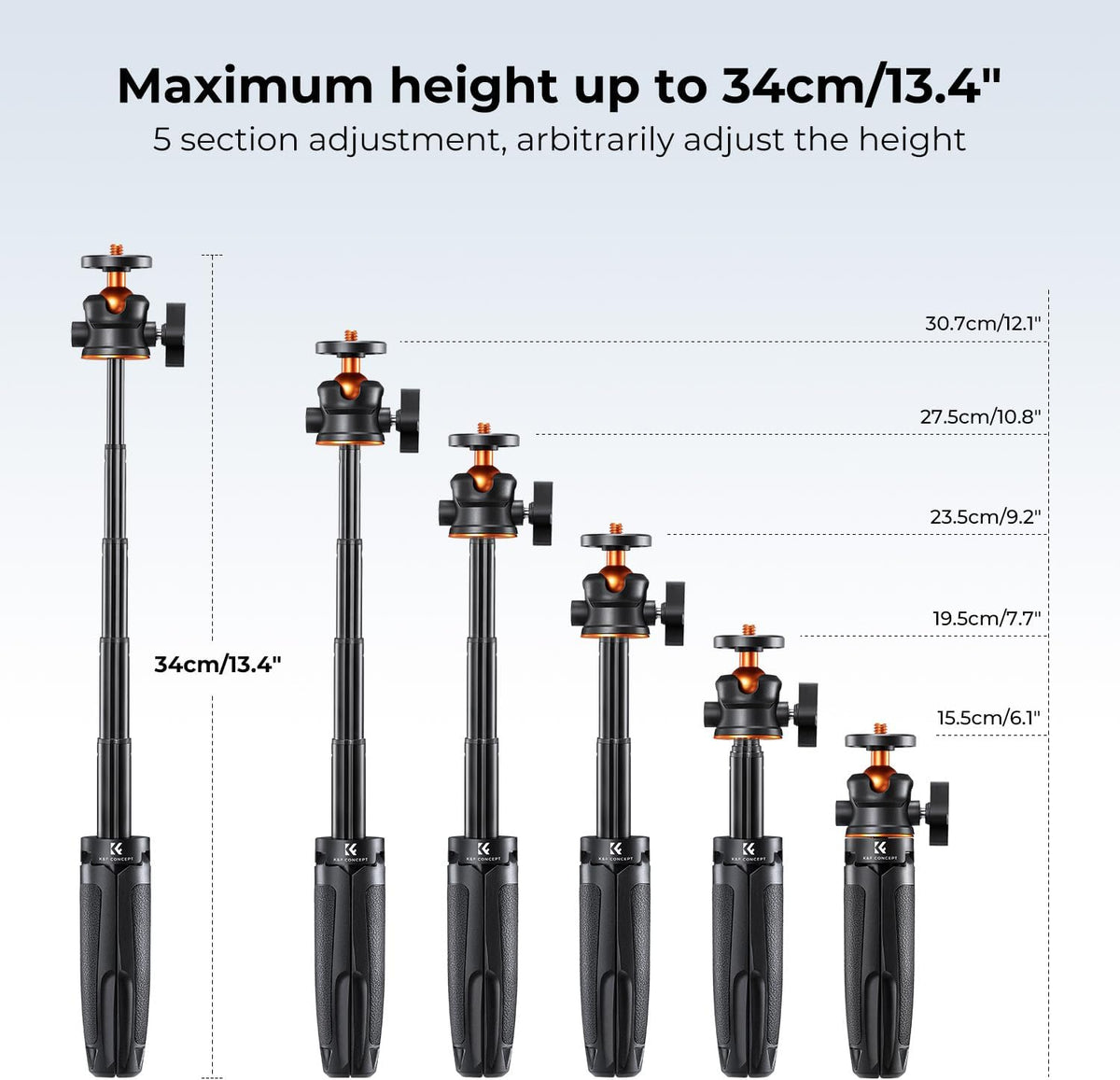 K&F Concept Selfie Stick Tripod, 360 Degree Rotation Mini Phone Stand with Ball Head and Cold Shoe Mount, Cellphone Holder with Wireless Remote for Smartphone Black