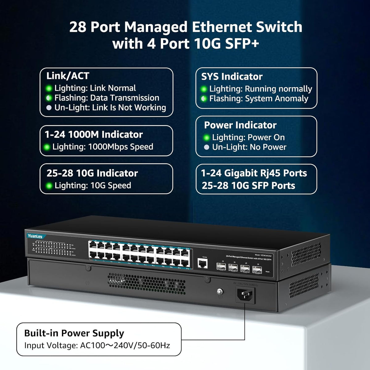 YuanLey 28 Port Gigabit Managed Switch with 24 10/100/1000Mbps RJ45 Ports, 4X 10Gbps SFP+, L3 Smart Managment Ethernet Switch, VLAN, QoS, ACL, SSL, Fanless, Compatible for Tp-Link, Netgear
