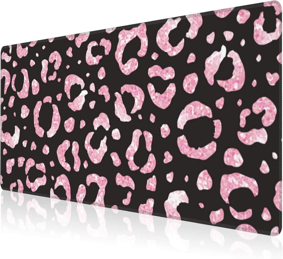 Mouse Pad, Large Rose Pink Leopard Printings Desk Mat, Extended Non-Slip Gaming Keyboard Mousepad Desk Pad, Thick Stitched Edges Waterproof Mouse Mat 31.5"x15.7" (Glittery Leopard Prints)