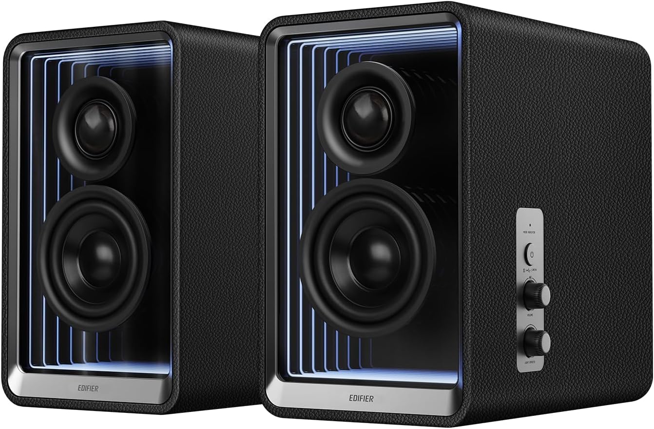 Edifier QR65 Desktop Active Monitor with 2.75" Long-Throw Aluminum Diaphragm mid-Low Drivers, Hi-Res Audio, Brilliant Light Effects, 70W Output Power Bluetooth Speakers with Stands - Black