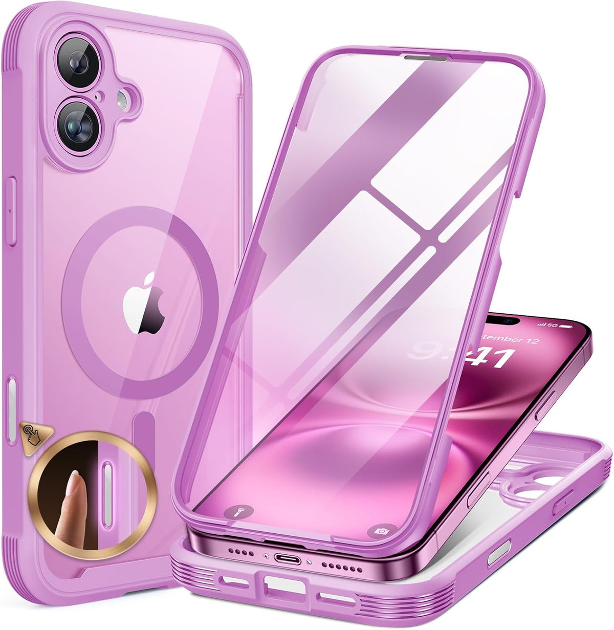 Miracase for iPhone 16 Case 6.1'', [Bubble Free] Full-Body Bumper Phone case with Built-in Full Glass Screen &Camera Control,No Gap,Compatible with MagSafe,Drop Proof 16 Cover,Pink