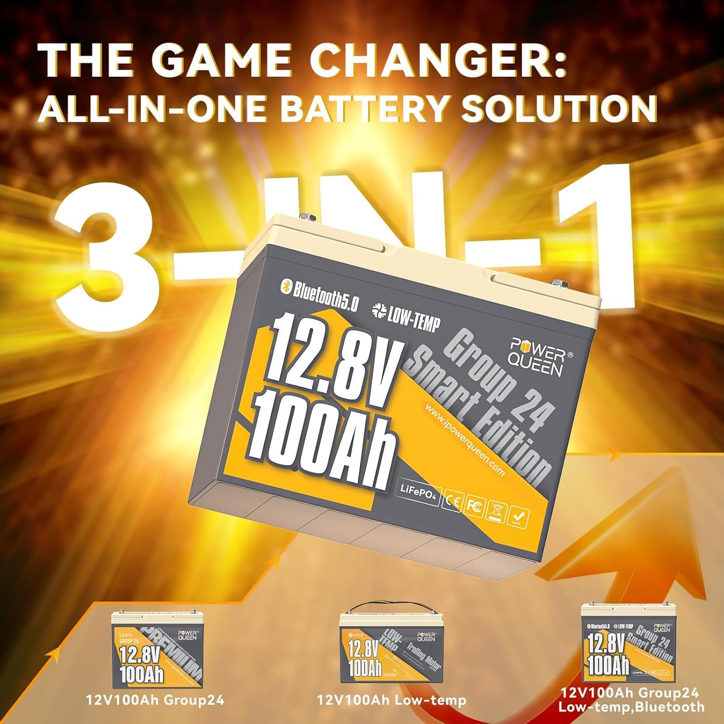 Power Queen 12V 100Ah LiFePO4 Battery Bluetooth Lithium Battery, Low-temp Cut-off Deep Cycle Battery with 100A BMS, 1280Wh Energy, Up to 15000 Cycles for Trailer RV, Motor Home, Marine