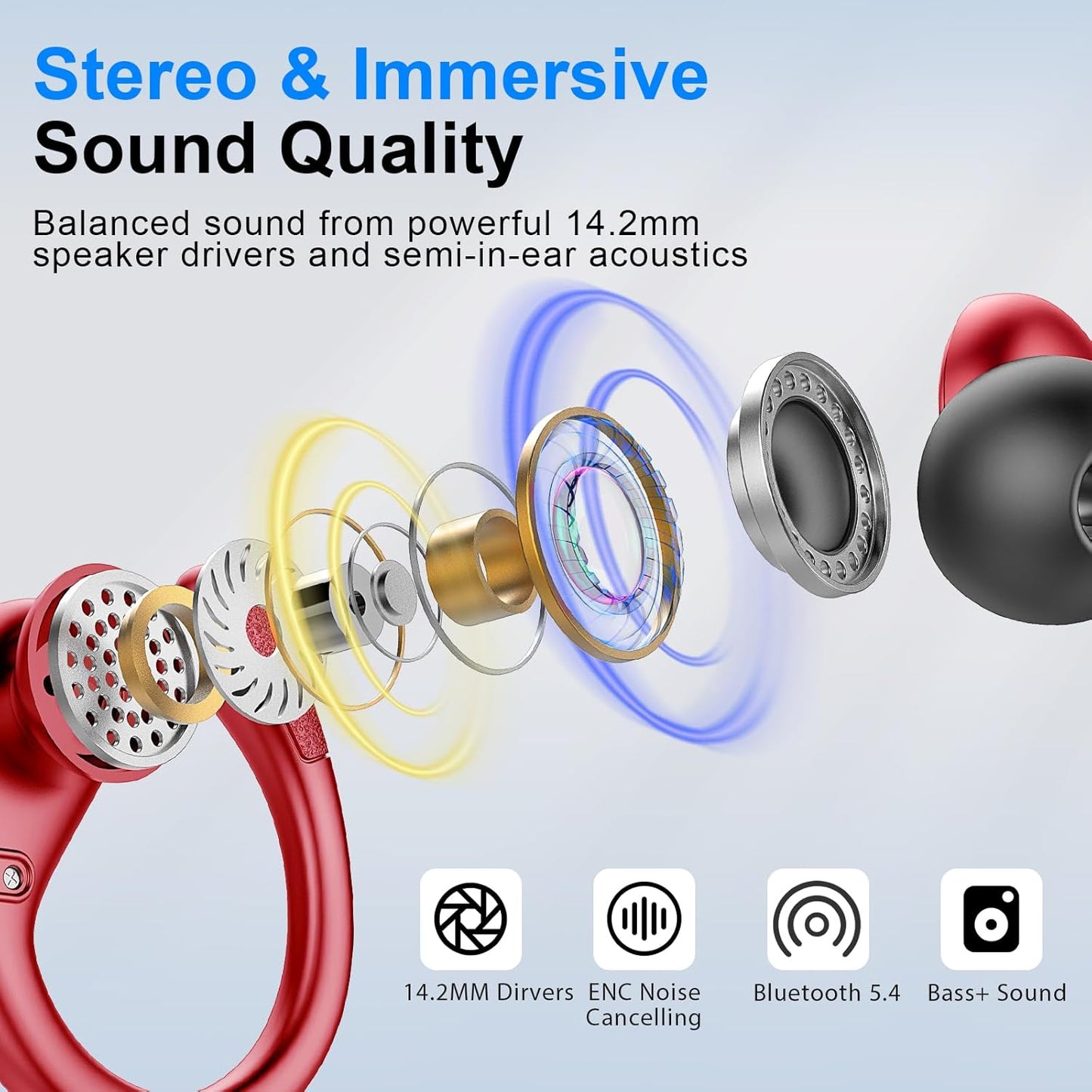 Ltinist Wireless Earbud, Bluetooh 5.4 Headphones Pure Bass Sound with Earhooks, 75H Battery in-Ear Sport Earbud with Dual-LED Display, IP7 Waterproof Earphones Built-in Microphone for Running, Red