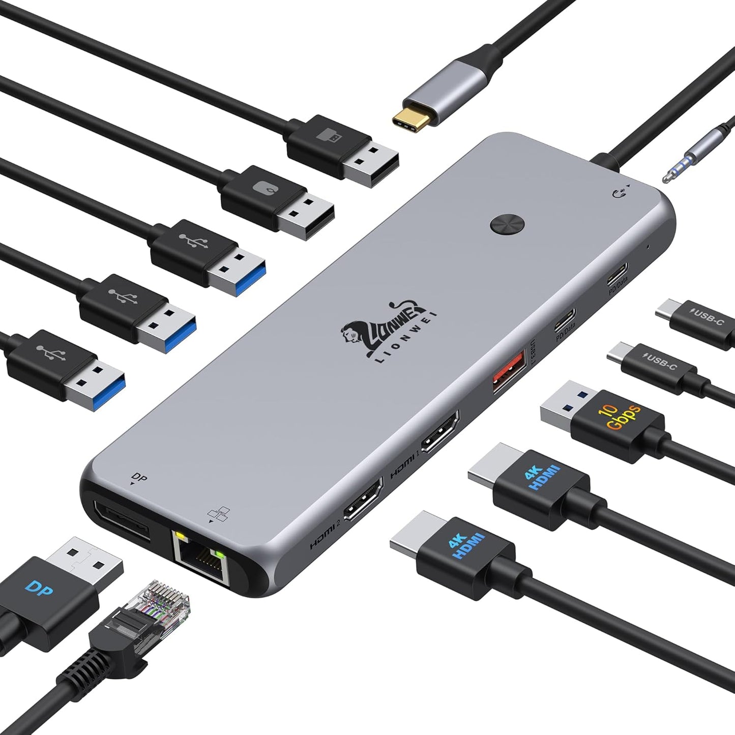 14 in 1 USB C Docking Station - Dual Monitor, Triple Display, 8 USB C/A Ports, Ethernet, Audio - For MacBook, Dell, HP, Lenovo, Surface
