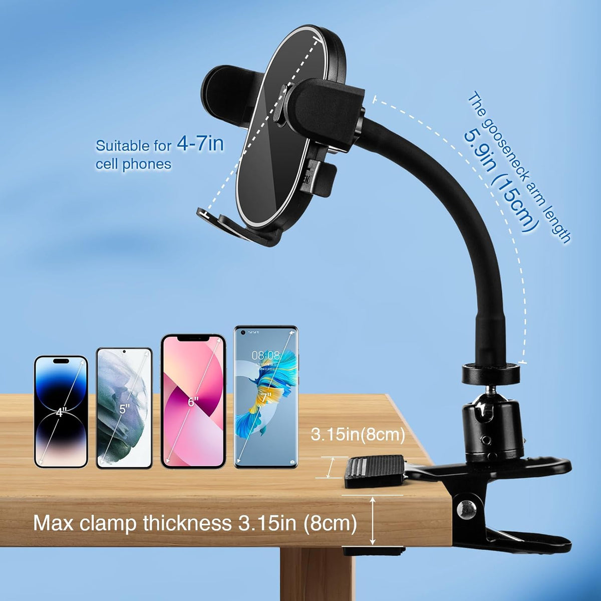 ROCKFREE Clip Phone Holder with 360° Gooseneck Arm & Auto-Locking Clamp,Short/Medium/Long Arm Options for Desk, Mic Stand, Table,Treadmill – Fits 4-7" Smartphones(Medium-5.9 inch Arm)