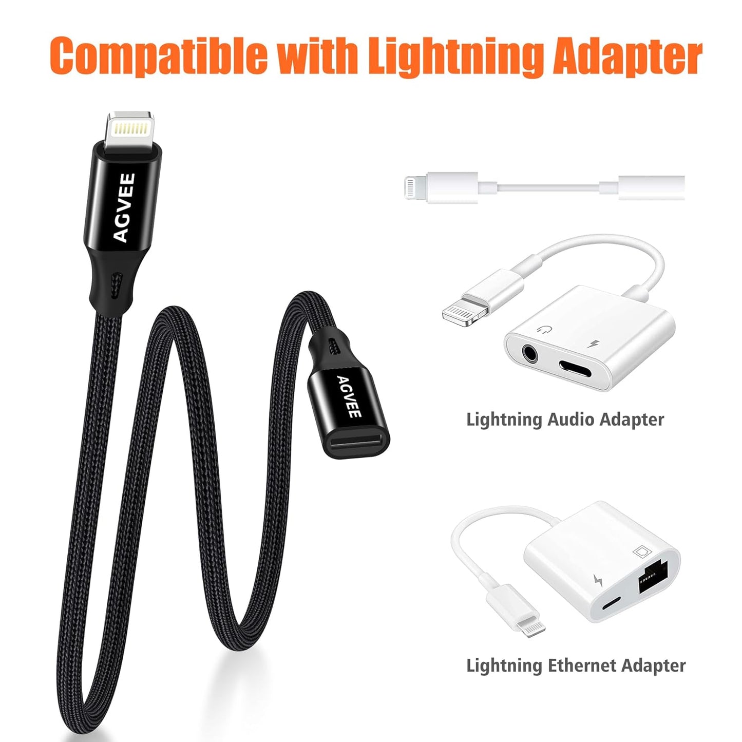 AGVEE 2 Pack 6.6ft Lightning Extension Cable, Braided Female to Male Extender Full Function Cord Compatible with iPhone iPad, Data Sync Video Audio & Charging Connector Adapter, Black