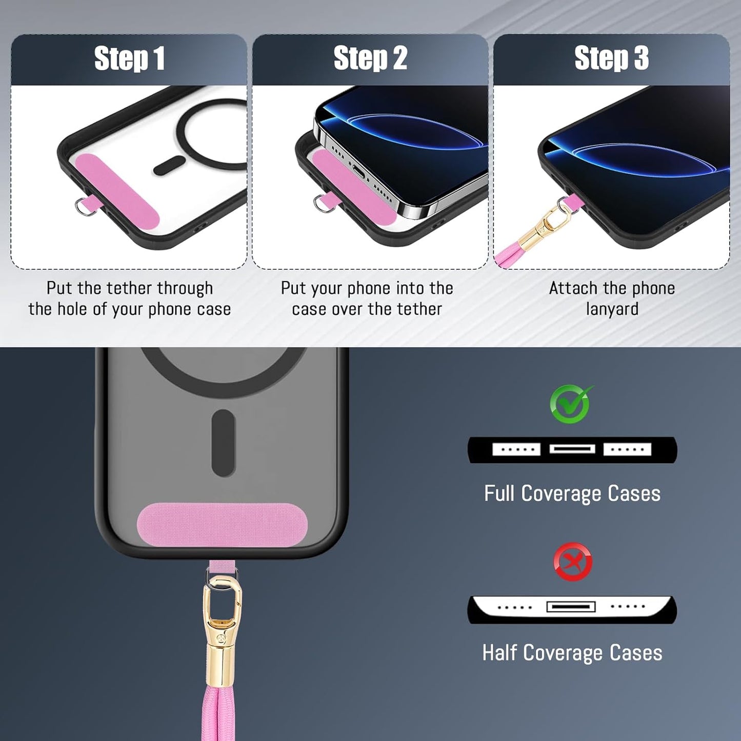 Phone Lanyard 2 Pack, 2x Adjustable Crossbody Phone Strap, 2x Tether Tab, Anti-theft Universal Cellphone Multifuctional Patch Lanyards for iPhone & Most Smartphones, Black + Pink