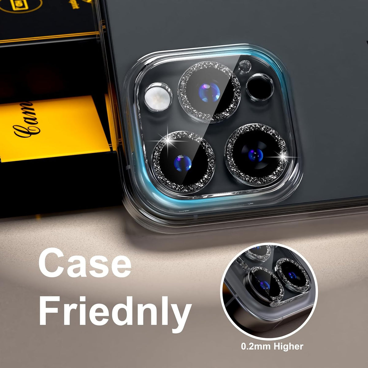 beuxece for 6 Pack iPhone 15 Pro/iPhone 15 Pro Max Camera Lens Protector [Drop Protection] [Case Friendly] [Easy Installation] 9H Tempered Glass Camera Screen Protector Cover, Glitter Black
