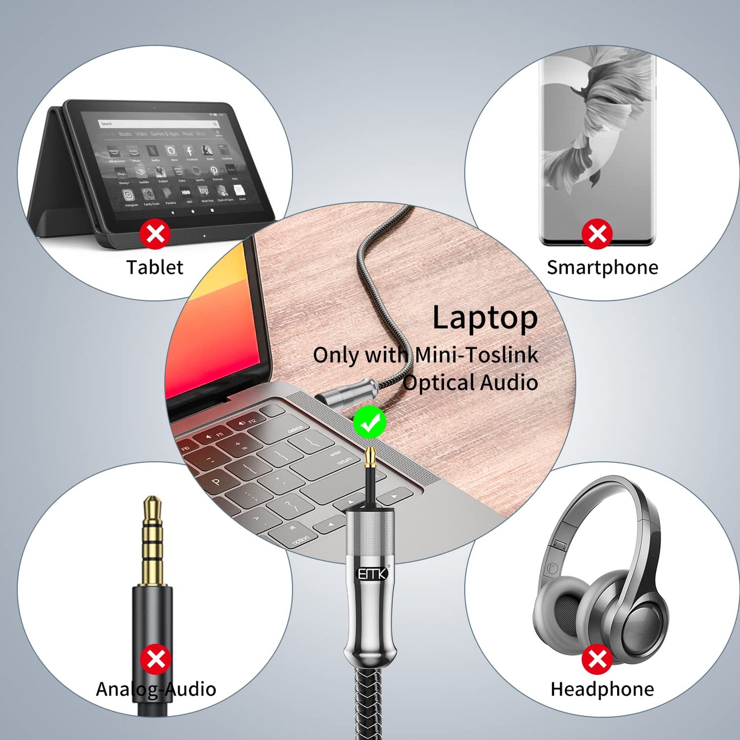 EMK 24K Gold-Plated Toslink to Mini Toslink Cable (6ft/2M) - Digital Optical Audio Cable with 3.5mm Mini Plug for Soundbar, Home Theater, TV - Silver SPDIF Fiber Optic Cable
