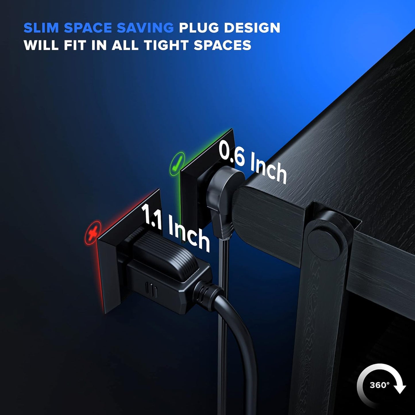 Maximm Cable 15 Ft 360° Rotating Flat Plug Extension Cord/Wire, 16 AWG Multi 3 Outlet Extension Wire, 3 Prong Grounded Wire - Black - UL Certified