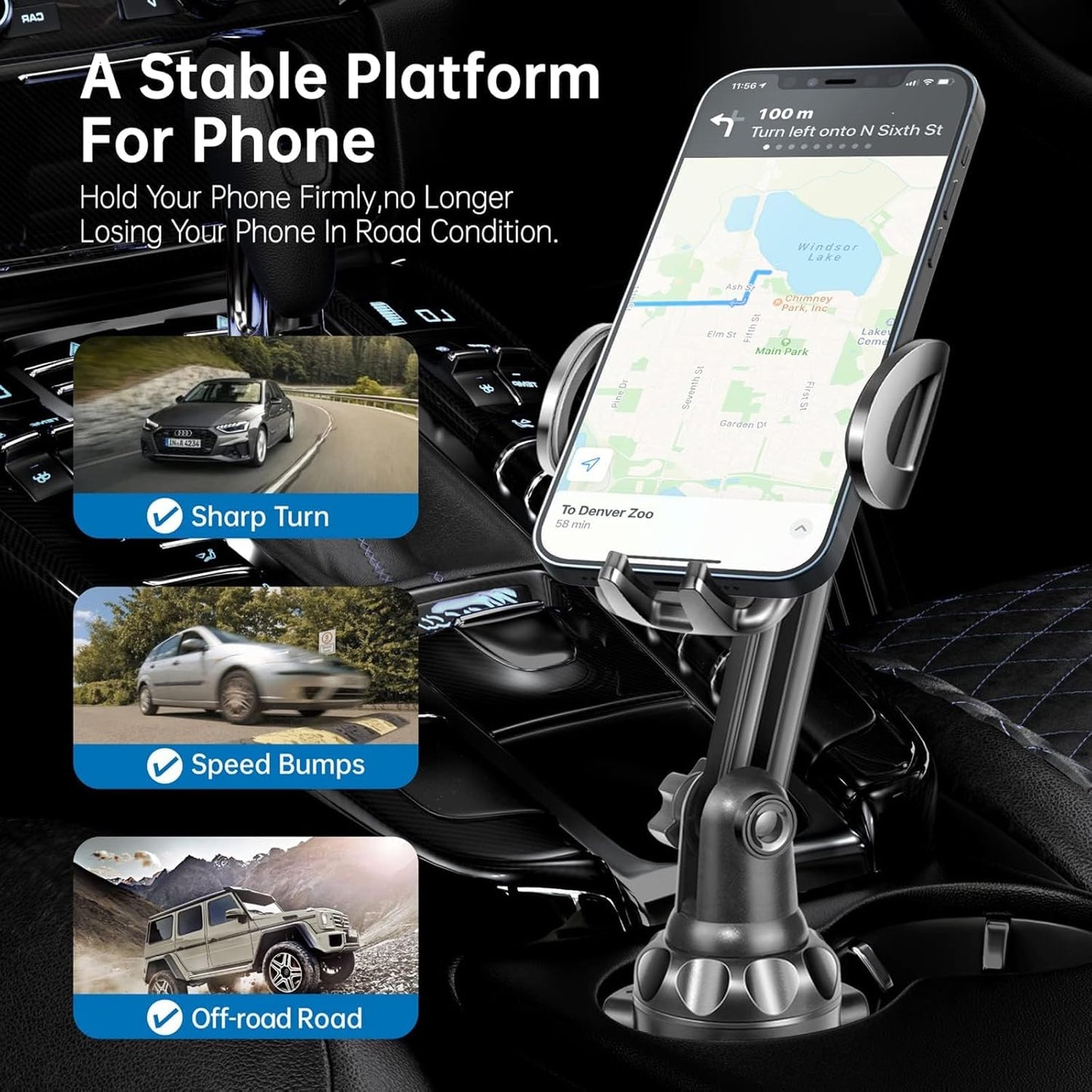 TOPGO Cup Phone Holder for Car, [No Shaking & Stable & Adjustable Pole] Car Cup Phone Mount, Compatible with iPhone 16 and All 4.0-7.0 inches Smartphones - Black