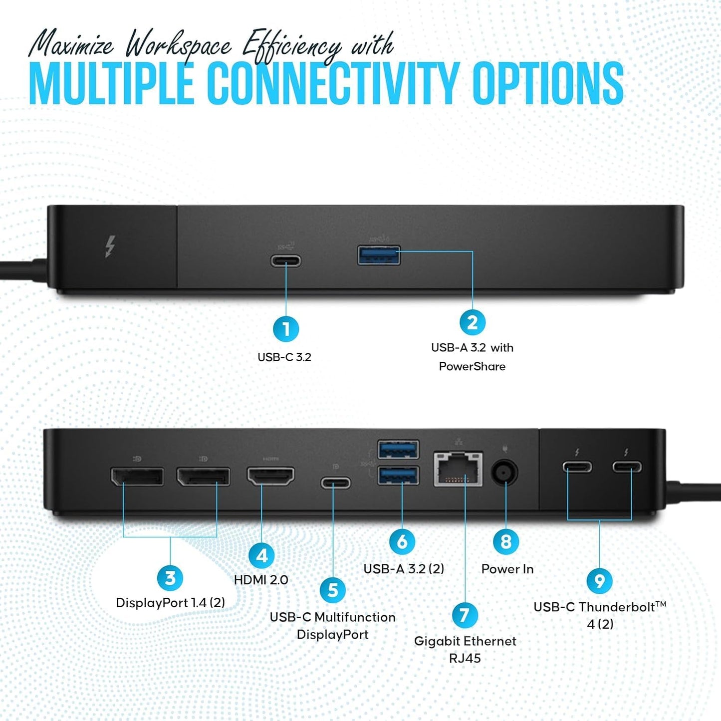 WD22TB4 Dell Thunderbolt 4 Dock 40Gbps USB-C/USB A - Dell Docking Station Dual Monitor with 180W, HDMI & DisplayPort Cable - Supports 4K Displays & Upto 3 Monitors (Renewed)