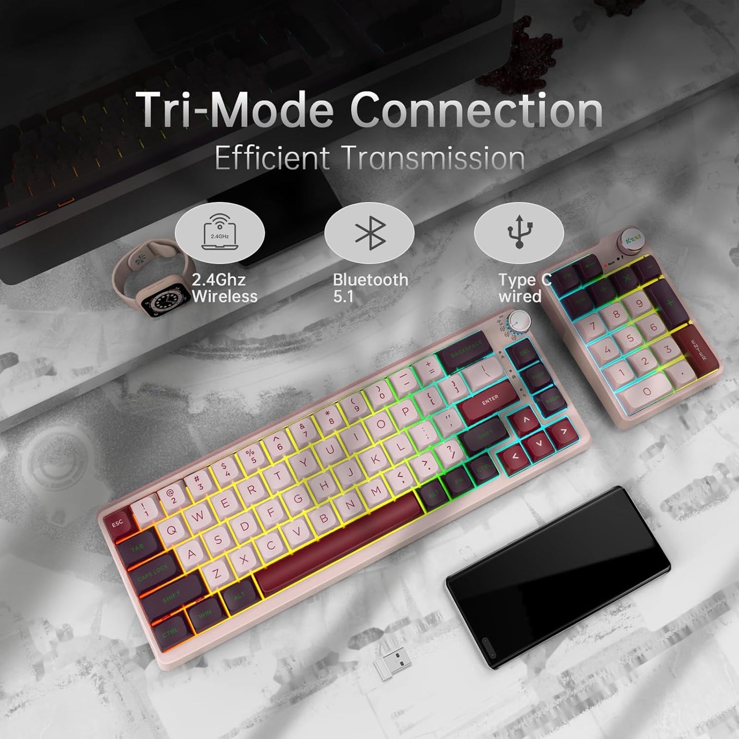 K68 Pro Gaming Keyboard, Layout Compact Wireless Mechanical Keyboard, Gasket Hot Swappable Custom BT 5.0/2.4G/USB-C Office Keyboard for Windows Mac (Purple-White, Eternity Tactile Switch)