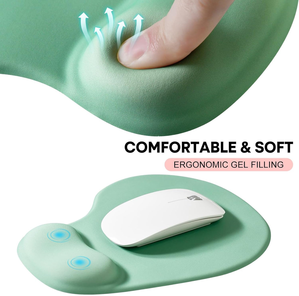 JIKIOU Mouse Pad, 2 Pack Ergonomic Mouse Pads with Comfortable Gel Wrist Rest Support and Smooth Cloth, Non-Slip PU Base for Easy Typing Pain Relief Durable and Easy to Clean Small Pastel Green