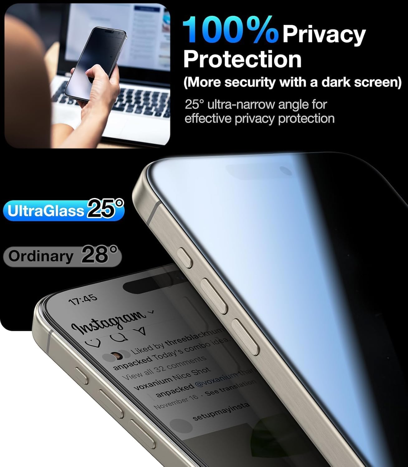 UltraGlass Ultra 9H+ Glass for iPhone 13/13 Pro Privacy Screen Protector [No.1 Military Grade Shatterproof & 100% Anti Spy] Glass Privacy Screen iPhone 13/13 Pro Tempered [Longest Durable],2 Pack
