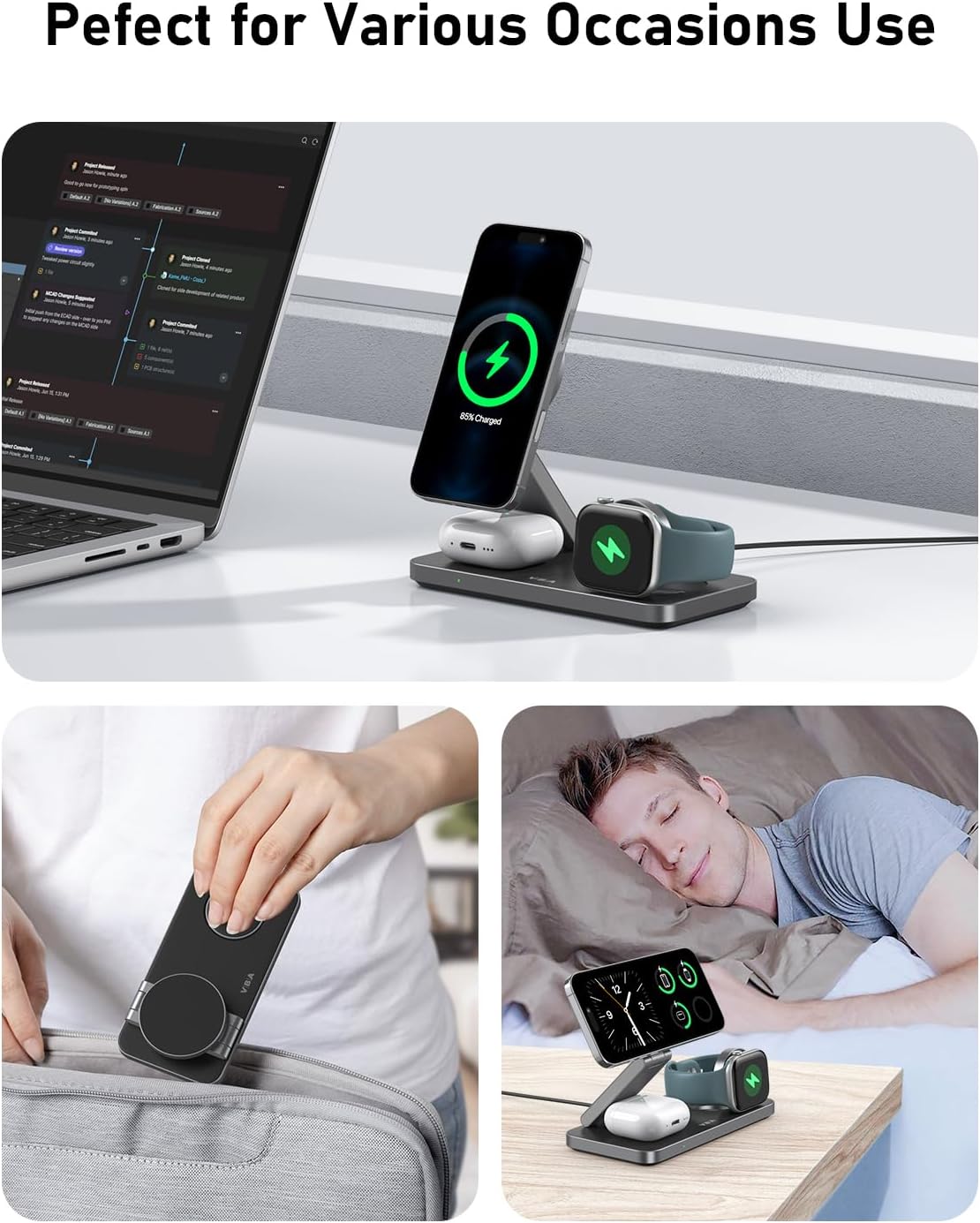 VBA 3 in 1 Wireless Charging Station for Apple MagSafe Charger,Foldable Fast Charging Magnetic Wireless Charger Stand,Travel Charger for iPhone 16 15 14 13 12,Apple Watch,AirPods Pro(Black)