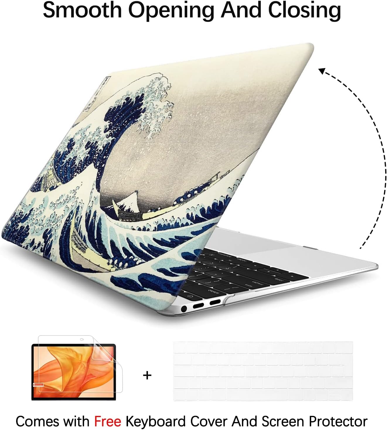 Berkin Arts Compatible with MacBook Air 13 inch Cover, 2022-2018 Release A1932 with Touch ID with Keyboard Cover & Screen Protector Ukiyo-e (The Great Wave by Hokusai)
