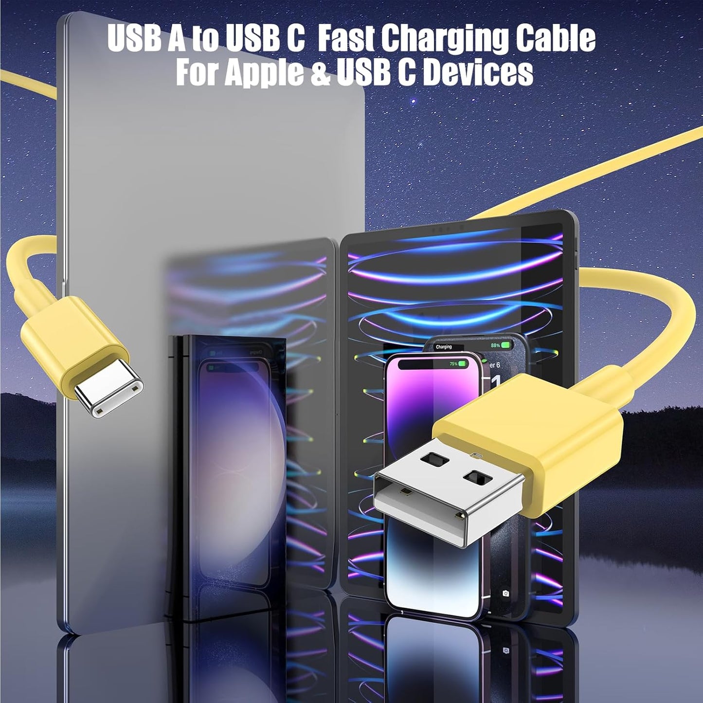 3-Pack Yellow [3.3FT+3.3FT+6FT] USB A to USB C Cable，USB to USB C Car Carplay Cable for iPhone 16 15 Pro Plus Pro Max，for iPad Pro/Air/Mini，for Samsung S24/S23/S22/S21，for MacBook Pro/Air and More