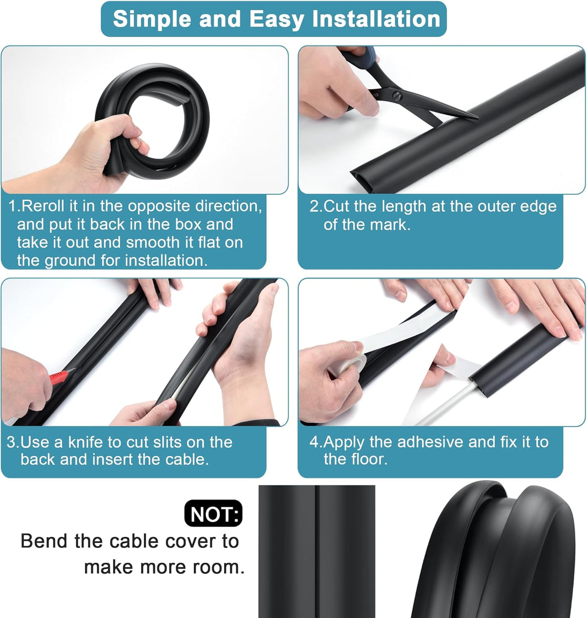 8.5ft Black Cord Protector, Soft Floor Wire Covers - Channel: 0.6"W x 0.32"H