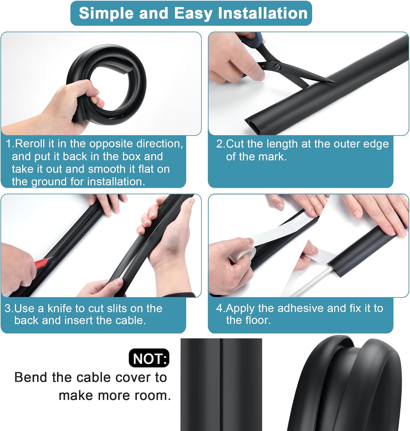 5.5FT Floor Cord Cover, Black Soft Cable Cover Floor, Large Size Extension Cord Covers for Floor, Power Cord Protector Floor Wire Cover - Cord Channel Diameter: 0.7" (W) x 0.4" (H)