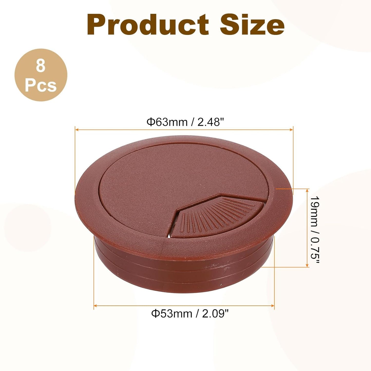 uxcell 8 Pcs 53mm (2.09 Inch) Desk Grommet, Plastic Cable Hole Cover, Wire Cord Cable Organizer for Home Office Computer Desk Cabinet, Brown