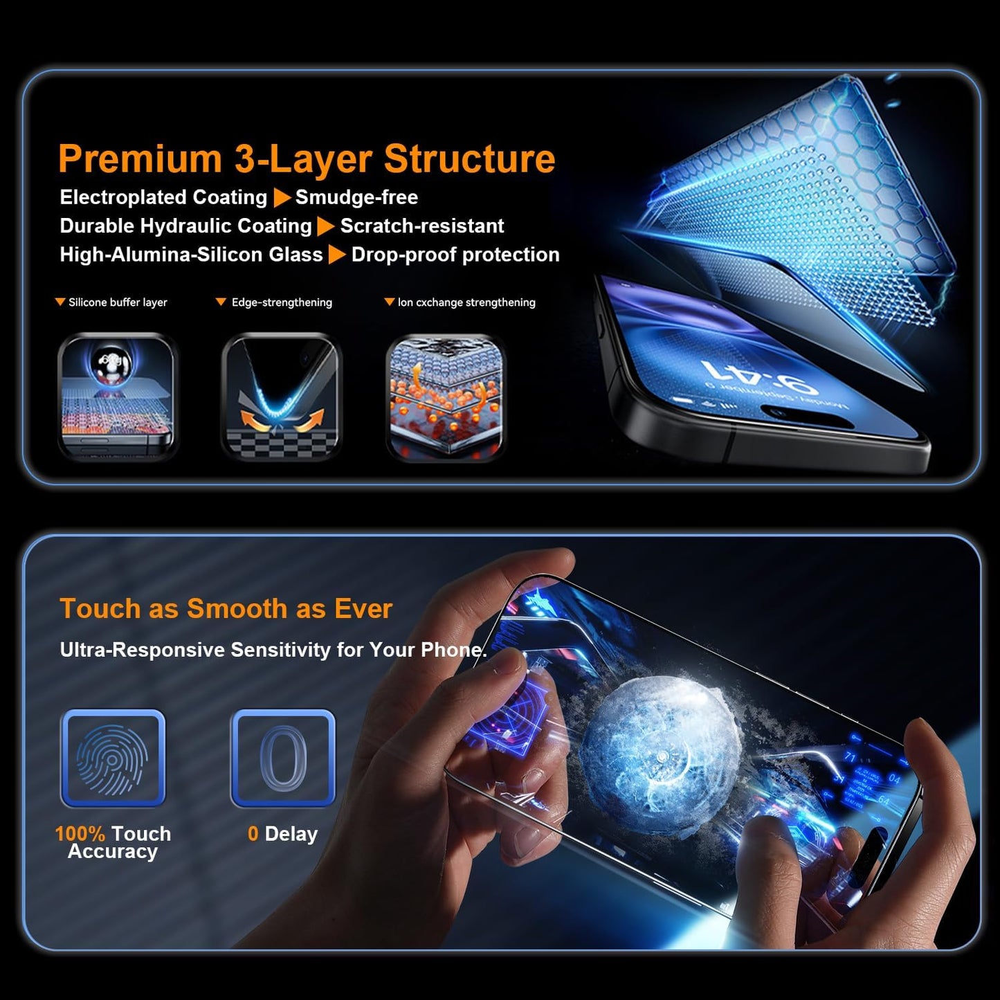 OneFish Privacy Screen Protector for iphone 12/12 Pro, Anti-Spy Tempered Glass Private, Edge Protection Screen Protector with Installation Frame, 9H Glass Scratch Resistant,Bubble Free,2 Packs
