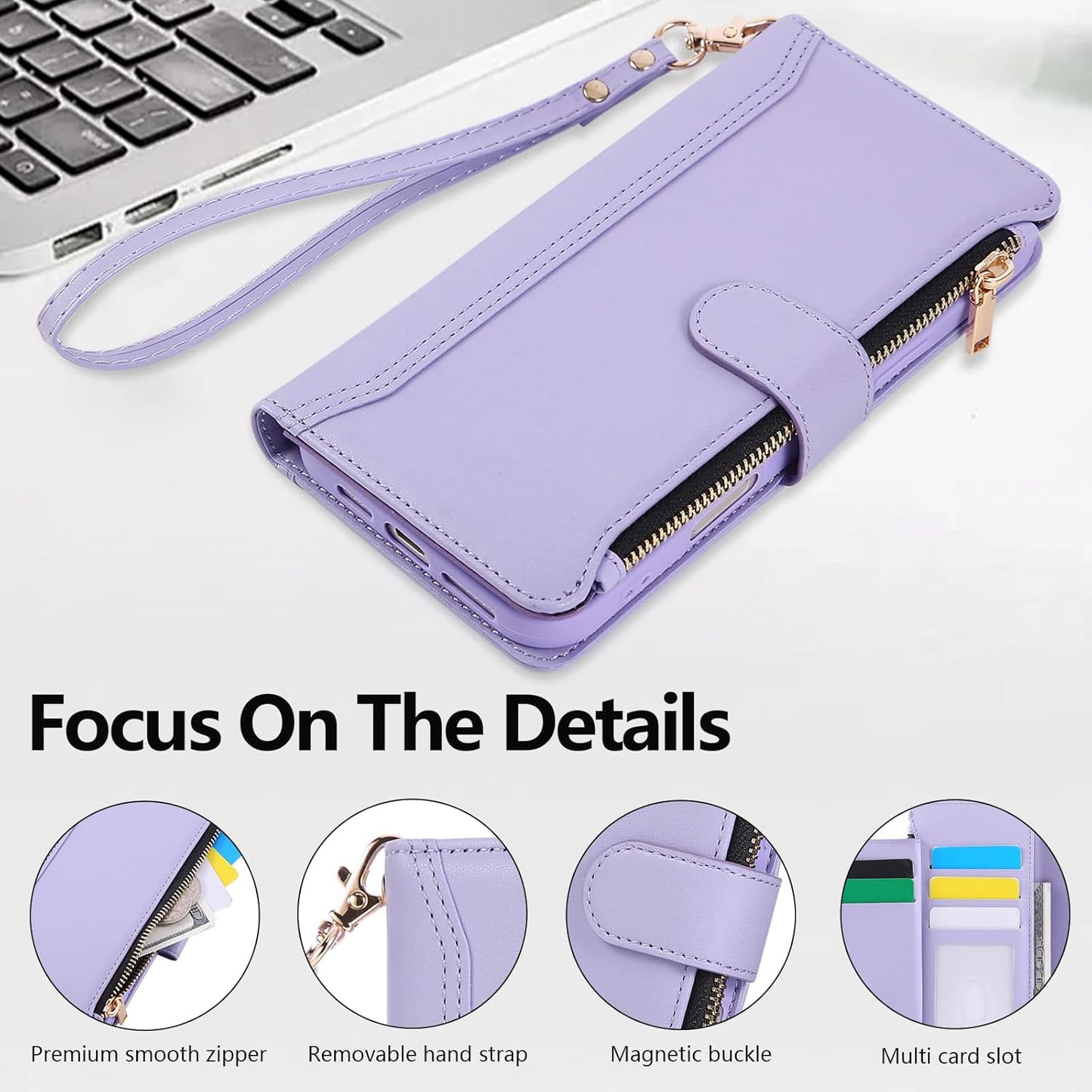 Compatible with iPhone 11 Wallet Phone Case-PU Leather Magnetic Flip Cover with Credit Card Slots,Zipper Pocket & Detachable Wrist Strap,Shockproof Design,for Women and Men-Purple