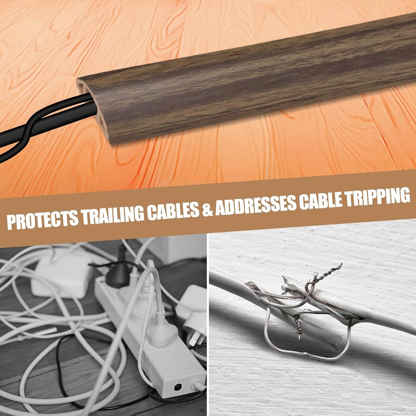 Floor Cord Cover Self Adhesive Cord Hider,10FT Cable Management, Extension Strip Protector for Wires, Prevent Cable Trips for Offices, Gyms, Exhibitions Cavity:0.39"(W) x 0.27"(H) Wood Walnut