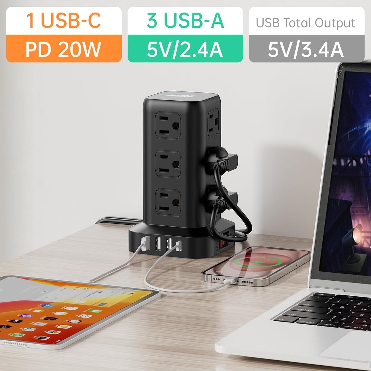 PD 20W USB C Surge Protector, Mini Power Strip Tower Travel 12 AC 4 USB Power Strip with USB Ports 10FT Overload Protection for Home Office