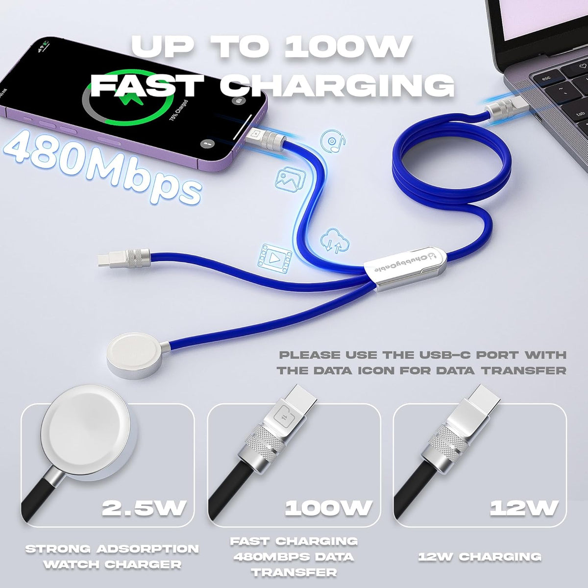 chubbycable Tri-Flex 3 in 1 USB C Cable for Apple Watch Charger Silicone 100W Multi Charging Cable Fast Charge Compatible with iPhone 16/15 Series iWatch iPad Airpods MacBook, 4.1FT, Black
