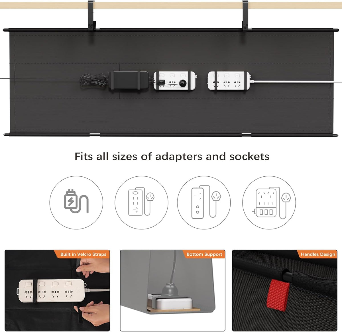 Under Desk Cable Management Tray - 48" Cord Organizer for Desk No Drill, Fabric Under Table Wire Organizer with 16X Cable Ties Hide for Office/Home, Cord Hider Fits Adapters & Sockets, Black