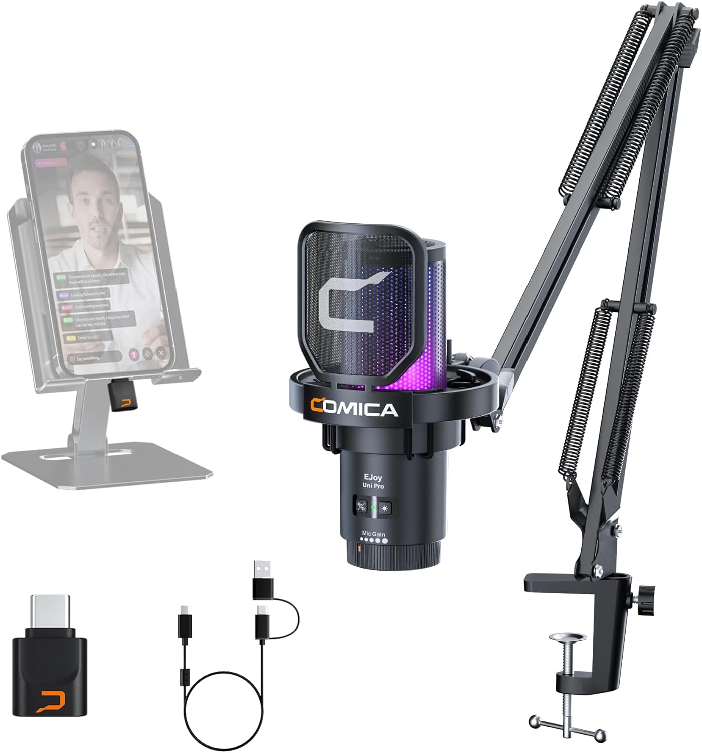 Comica EJoy Uni Pro Wireless USB Condenser Gaming for PC, PS4, PS5, USB C Phone and Mac, Boom Arm RGB Computer Mic for Twitch, Streaming, Podcasting, Noise Cancellation Mic with Mute, Gain, Monitoring