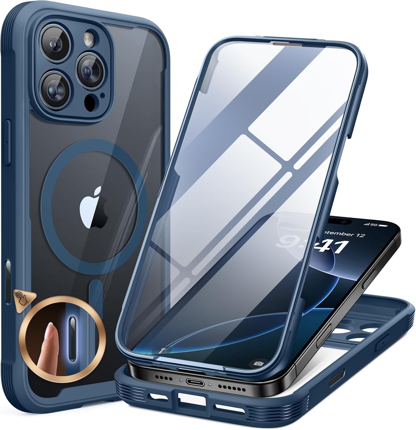Miracase for iPhone 16 Pro Max Case 6.9'', [Bubble Free] Full-Body Bumper Phone case with Built-in Full Glass Screen &Lens Protector,Compatible with MagSafe,Drop Proof 16 Pro Max Cover,Blue