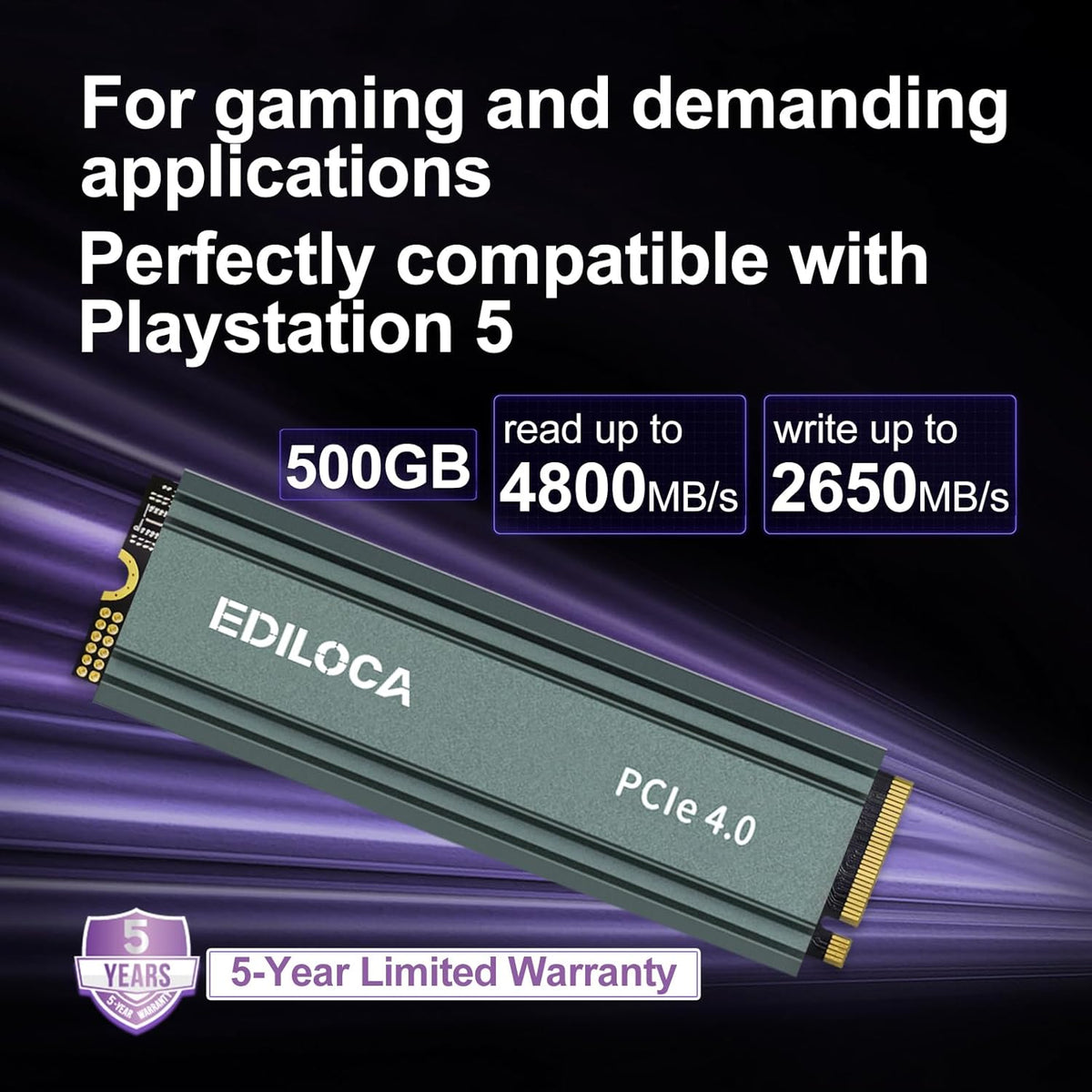 500GB M2 NVME SSD with Heatsink - PCIe Gen4.0 NVMe M.2 2280 3D NAND TLC, 4800MB/s Read, Internal Solid State Drive for PS5/PC, Dynamic SLC Cache, PS5 Storage Expansion, 5-Year Warranty(EN760)