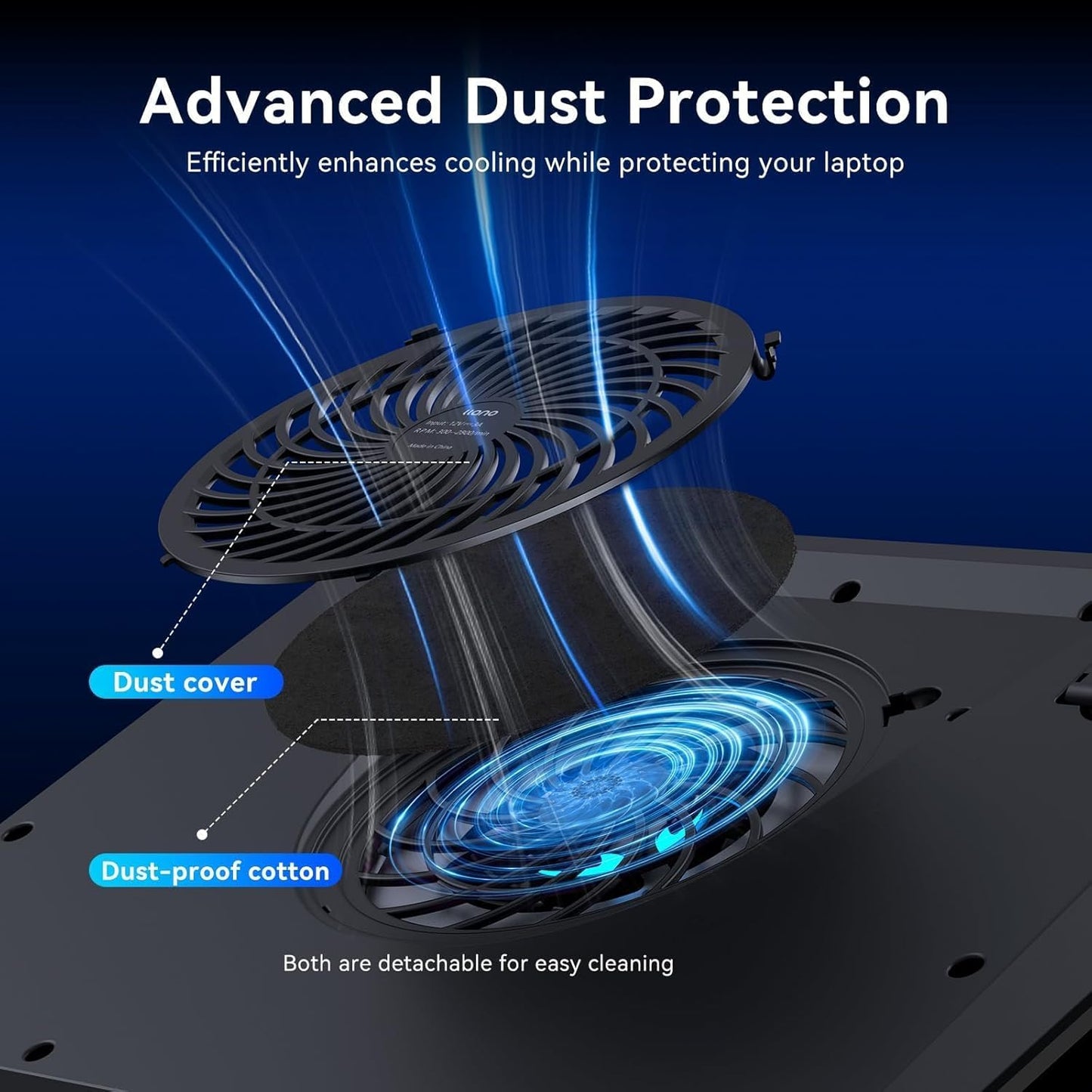 llano Laptop Cooling Pad, Gaming Laptop Cooler with Powerful Turbo Cooling Fan(5.5inch Diameter), Infinitely Variable Speed, Touch Control, 3-Port USB A, for Fast Cooling Laptop 15.6-21in