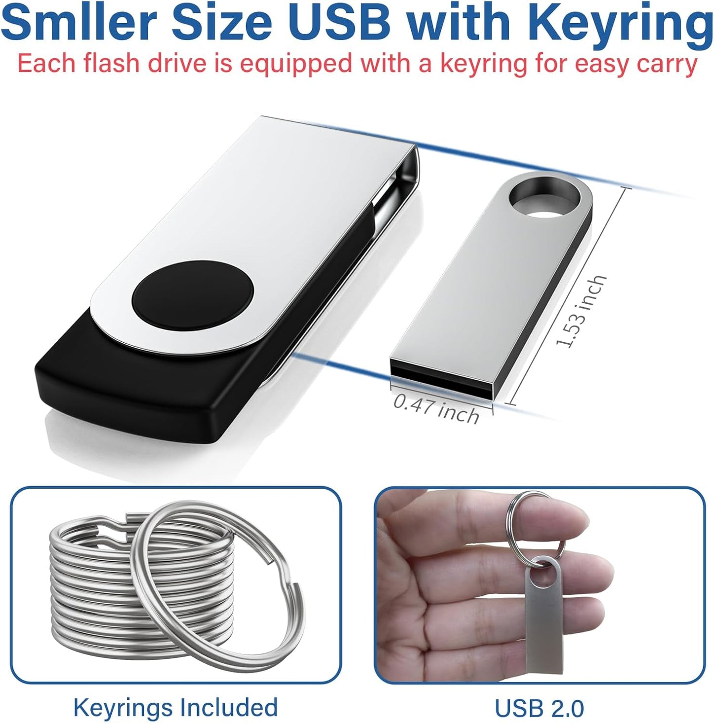 20 Pack 4GB USB Flash Drive with Keychains, Wooolken Sleek Metal USB 2.0 Thumb Drives Memory Stick for PC Laptop Computer(Sliver)