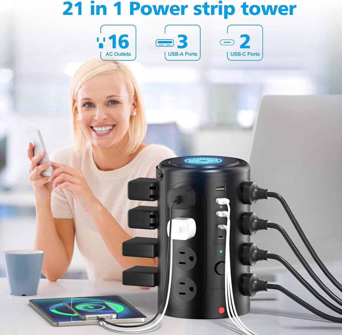 Power Strip Surge Protector Tower with 16 Outlets and 5 USB Ports (2 USB-C), 10ft Extension Cord, 45° Flat Plug, Charging Station for Home, Office, Dorm Room Essentials (Black)
