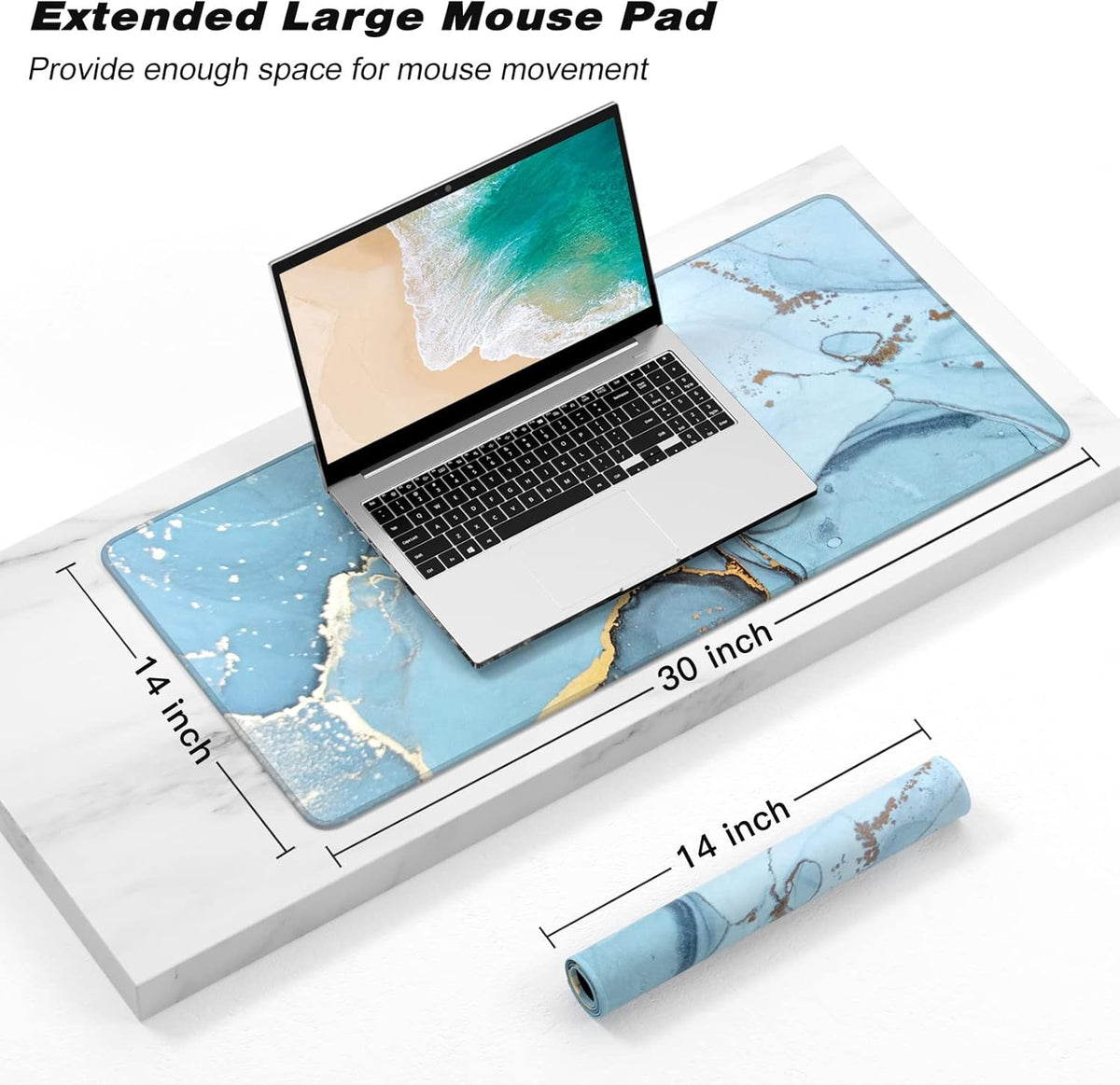 Extended Gaming Mouse Pad, XXL Large Desk Pad 30 x 14 Inch, Big Computer Keyboard Mousepad, Waterproof Mouse Mat with Stitched Edges and Non-Slip Base for Women Office Gaming, Blue Marble