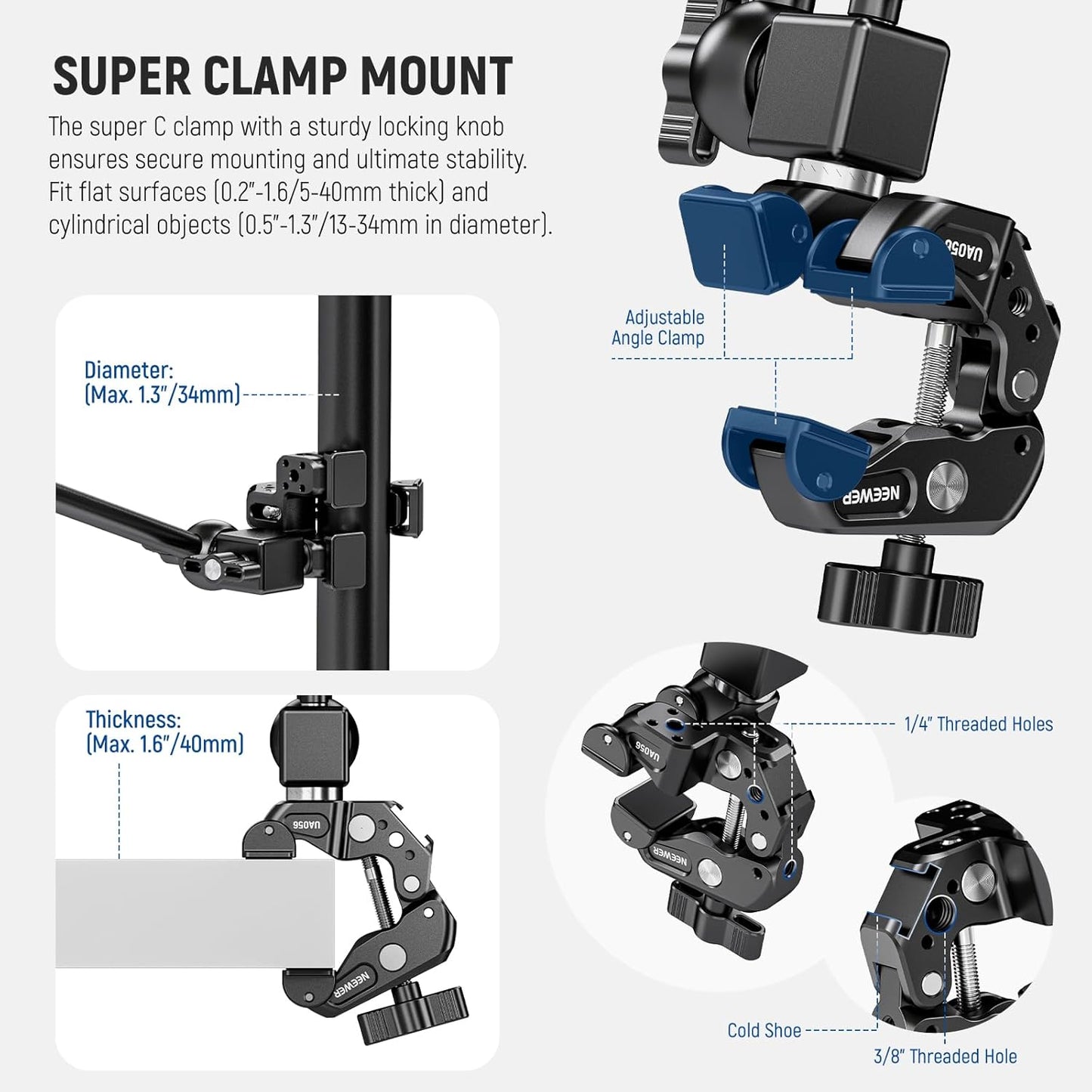 NEEWER 30" Articulating Magic Arm with Super Clamp/Action Cam Mount/Phone Holder, Overhead Camera Desk Mount Mic Boom Stand, Compatible with GoPro iPhone DSLR Webcam Microphone Video Recording, UA056
