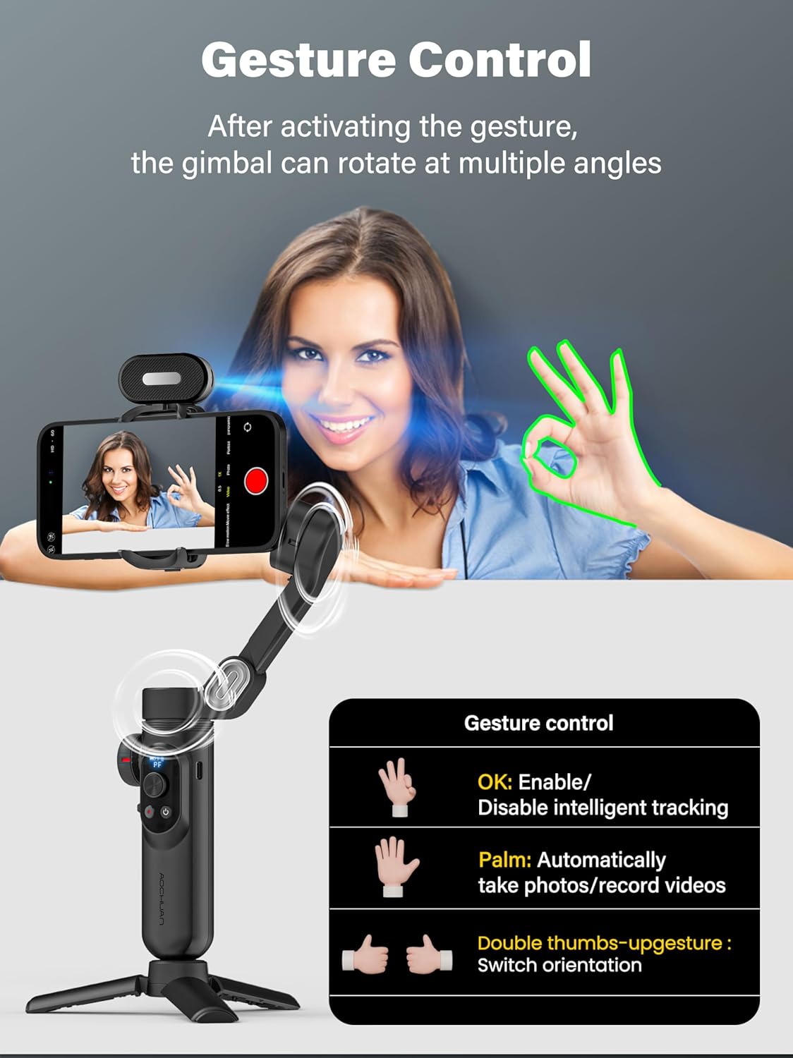Smartphone Gimbal Stabilizer, 3-axis Stabilizer for iPhone&Android, AI Tracking Sensor(No App), Phone Gimbal w/OLED Screen/Built-in Light, AOCHUAN X Pro AI Version