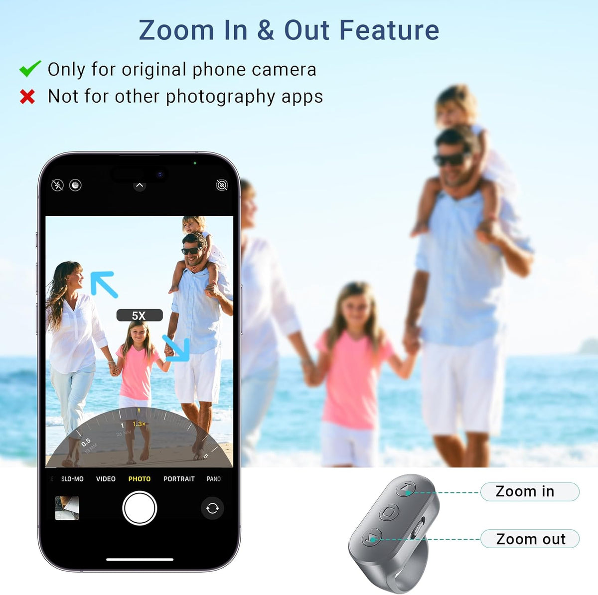 Phone Camera Ring Remote Control with Zoom in/Out, Rechargeable Shutter with Front/Rear Camera Switch for iPhone Android iPad, Hands Free Remote Ring for Photo & Video Recording Content Creator