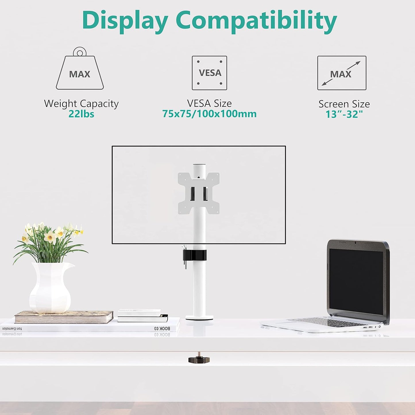 WALI Single Monitor Mount for 1 Computer Screen up to 32 inch, Fully Adjustable Monitor Arm Holds up to 22 lbs (M001S-W), White