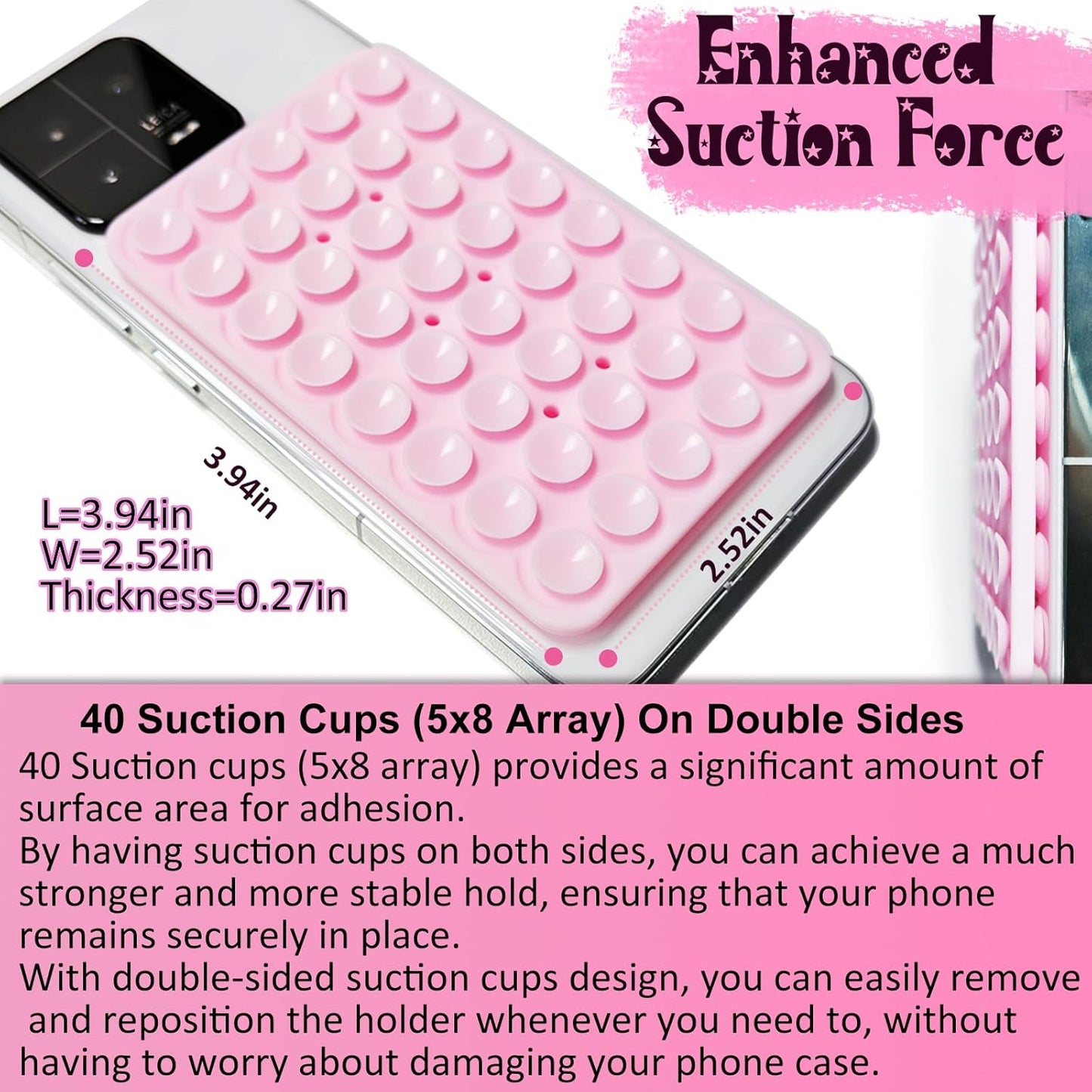 2 Pack Silicone Suction Cup Phone Case Mount Double Sided, Hands-Free Strong Grip Silicon Phone Holder, Non Slip Phone Accessories for Selfies and Videos (Light Pink)