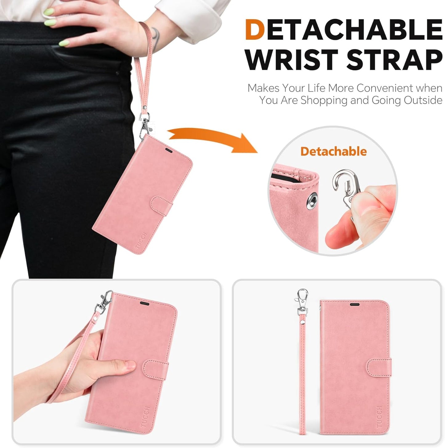 TUCCH Case for Galaxy S25 Plus, [Detachable] Wrist Strap Magnetic PU Leather Wallet Case with RFID Blocking [Wireless Charging] 4 Card Slot Stand Removable Cover for Galaxy S25 Plus 6.7", Rose Gold