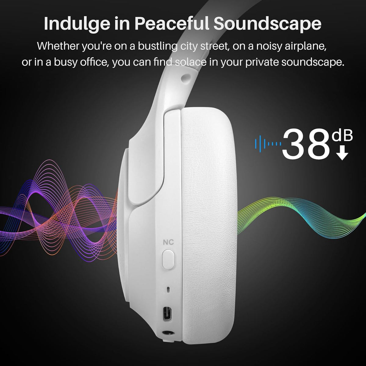 TOZO HT2 Hybrid Active Noise Cancelling Headphones, Wireless Over Ear Bluetooth Headset, 60H Playtime, Hi-Res Audio Custom EQ via App Deep Bass Comfort Fit Ear Cups, for Home Office Travel White