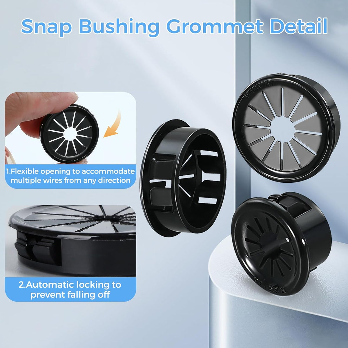 4 Pcs Cable Grommet, Snap Bushing 2-1/2" (63 mm) Mounting Diameter, Flexible Petal-Shaped Buckle Round Nylon Desk Grommet for Wires Through Countertop Cord Organizer and Protection, Black