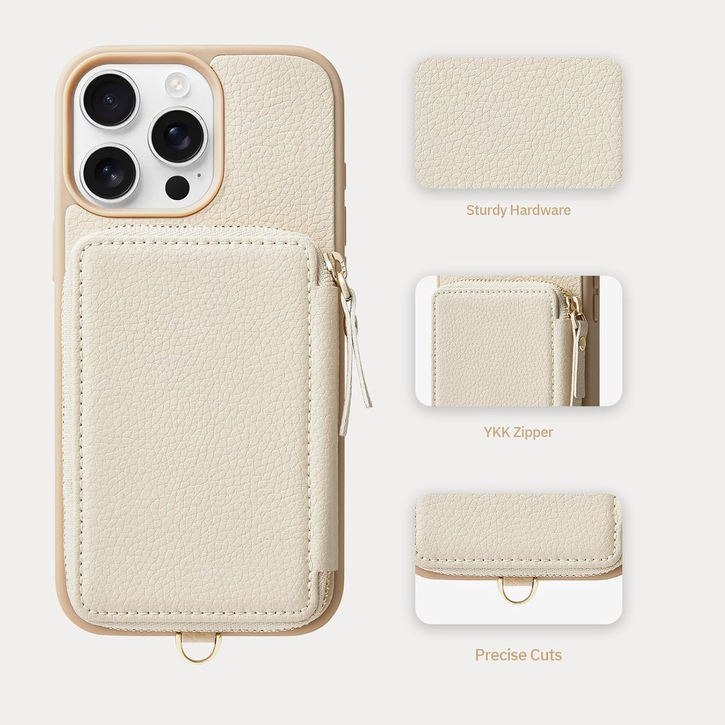 ZVE Wallet Case for iPhone 15 Pro Max, iPhone 15 Pro Max Case Wallet with Card Holder Wrist Strap, RFID Blocking Zipper Leather Cover for Women Gift for iPhone 15 Pro Max, 6.7"(2023) - Beige